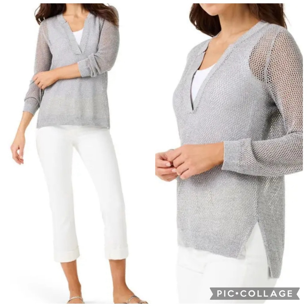 EUC NIC+ZOE Metallic Mesh Stitch Sweater in Tarragon Open Weave | Sz M - Picture 13 of 13